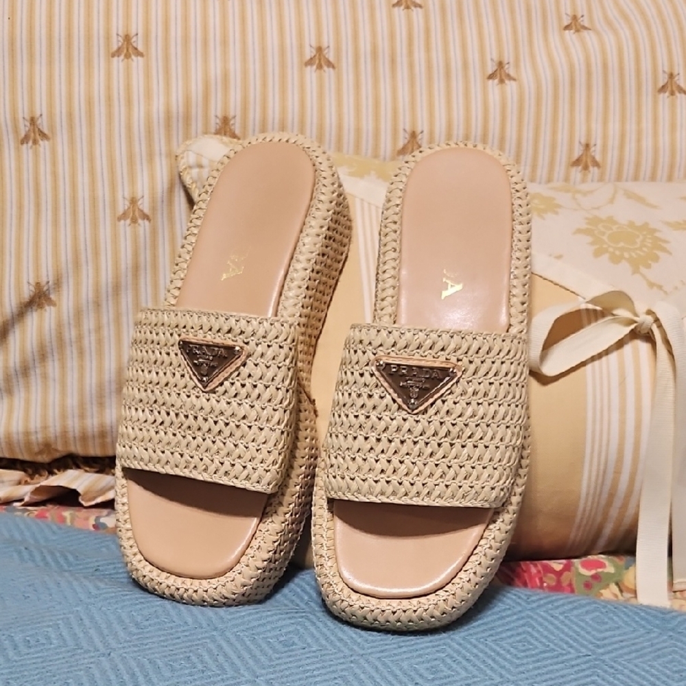 Prada Beige Woven Clogs
